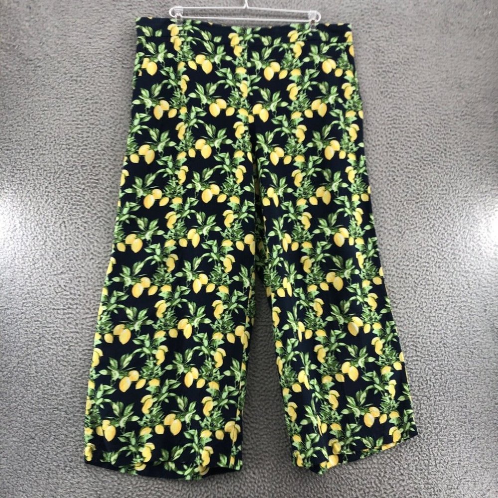 Loft Pants Womens XL Navy Lemon Print Linen Crop Ankle Elastic Back Wide Leg